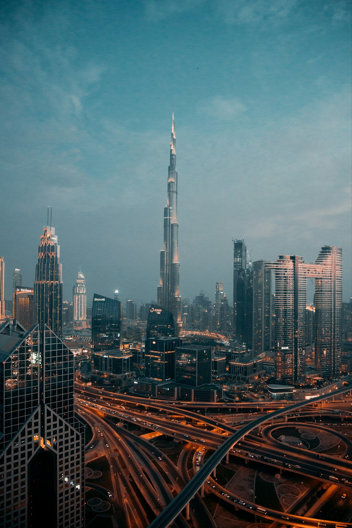 Downtown Dubai skyline with the Burj Khalifa at night