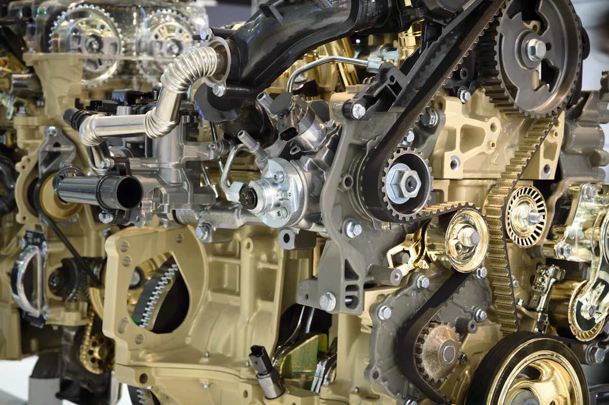 Gros plan sur un moteur automobile, avec ses courroies et poulies